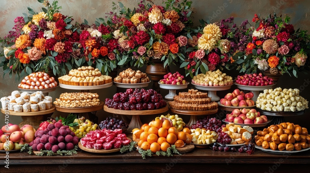 A vibrant and extravagant dessert table featuring assorted cakes, fruits, and floral decorations that captures the essence of a beautifully arranged, indulgent feast