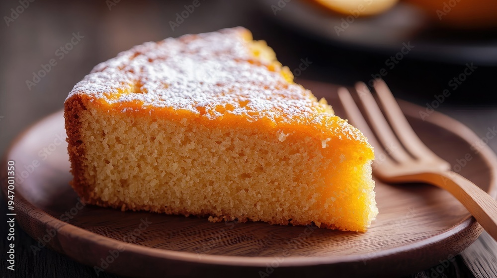 Close-up of a piece of orange cake with a golden crust and moist interior, a wooden fork beside it, perfect for capturing the fresh, tangy dessert Close-up of a piece of orange cake with a golden crust and moist interior, a wooden fork beside it, perfect for capturing the fresh, tangy dessert