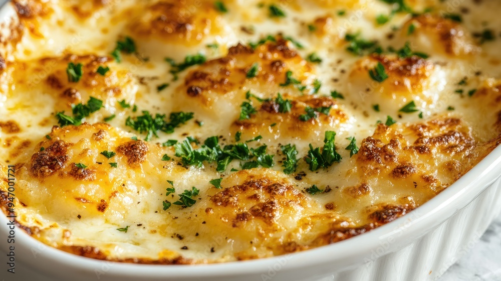 Close-up of a scallop cream gratin in a white dish, featuring a crispy cheese topping and rich, creamy sauce, garnished with fresh parsley for a classic seafood dish Close-up of a scallop cream gratin in a white dish, featuring a crispy cheese topping and rich, creamy sauce, garnished with fresh parsley for a classic seafood dish
