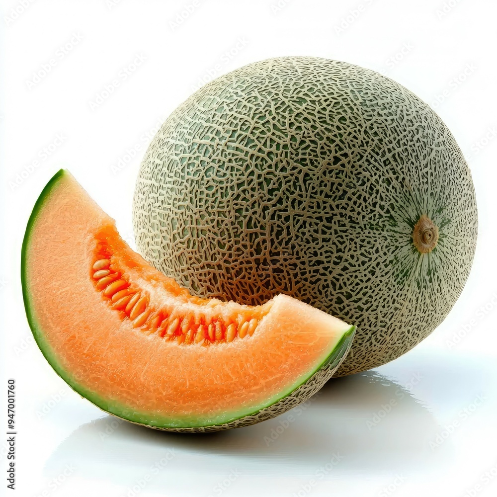 Whole and Sliced Cantaloupe Melon on White Background Whole and Sliced Cantaloupe Melon on White Background