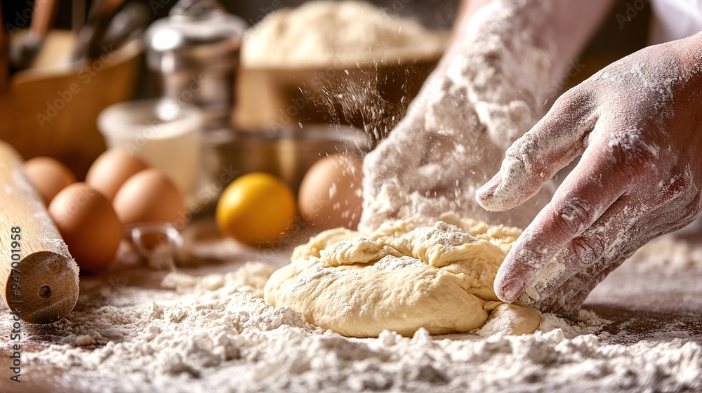 Fototapeta premium A home cook kneading dough on a floured surface, with ingredients like flour, eggs, and a rolling pin visible in the background