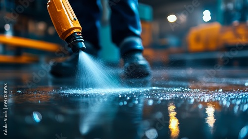 Wallpaper Mural Pressure washer deep cleaning a factory floor, the concrete surface transforming under the intense water spray Torontodigital.ca