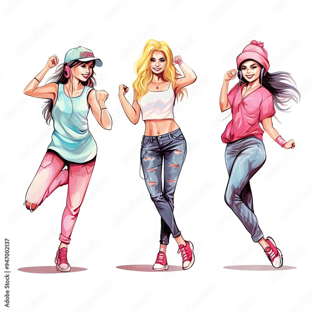 Watercolor illustration of young girls in motion white background Watercolor illustration of young girls in motion white background