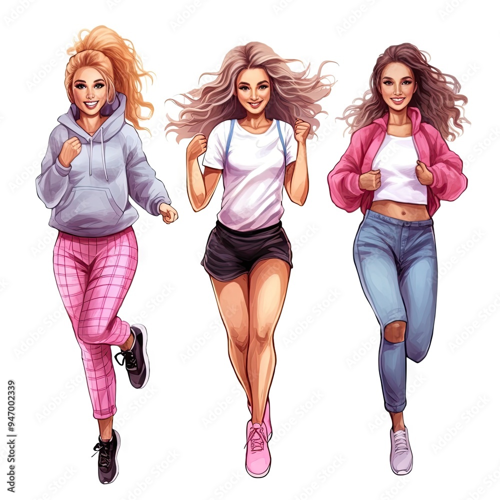 Fototapeta premium Watercolor illustration of young girls in motion white background