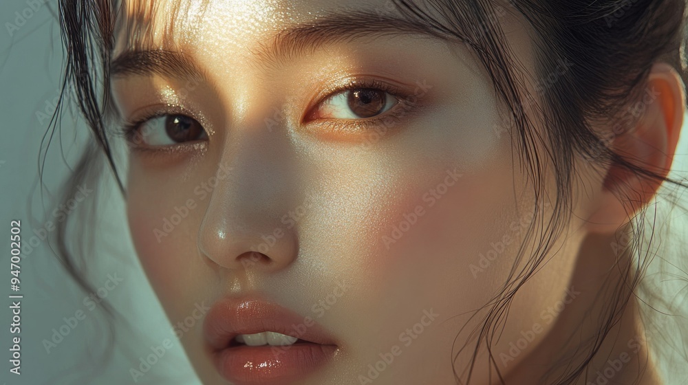 Close-up Portrait of a Young Woman with Shimmering Skin and Wet Hair Close-up Portrait of a Young Woman with Shimmering Skin and Wet Hair
