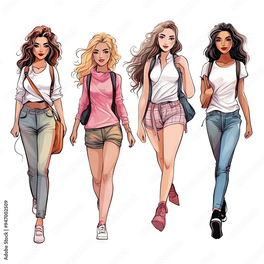 Fototapeta premium Watercolor illustration of young girls in motion white background