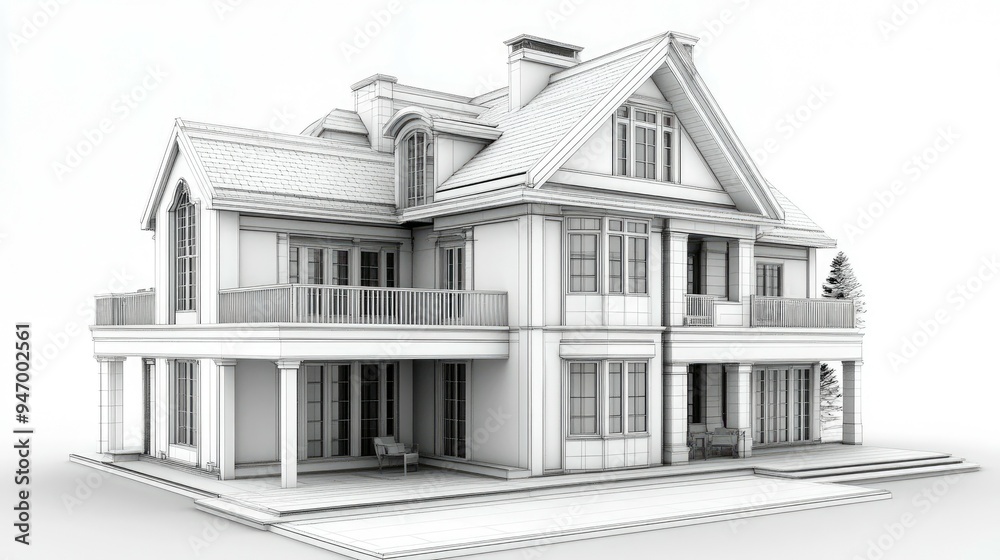 Wireframe Model of a Two-Story Suburban Home with a Balcony Wireframe Model of a Two-Story Suburban Home with a Balcony