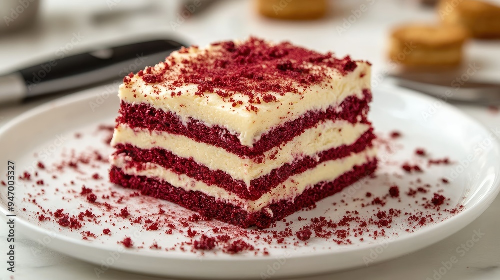 Close-up of the flaky, buttery layers of red velvet cromboloni, sprinkled with red biscuit crumbs, on a white plate with a soft-focus background of kitchen tools Close-up of the flaky, buttery layers of red velvet cromboloni, sprinkled with red biscuit crumbs, on a white plate with a soft-focus background of kitchen tools