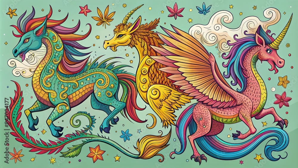 Whimsical line art illustrations of mythical fantasy creatures, including dragons, unicorns, and phoenixes, in bold black lines with intricate details and playful textures. Whimsical line art illustrations of mythical fantasy creatures, including dragons, unicorns, and phoenixes, in bold black lines with intricate details and playful textures.