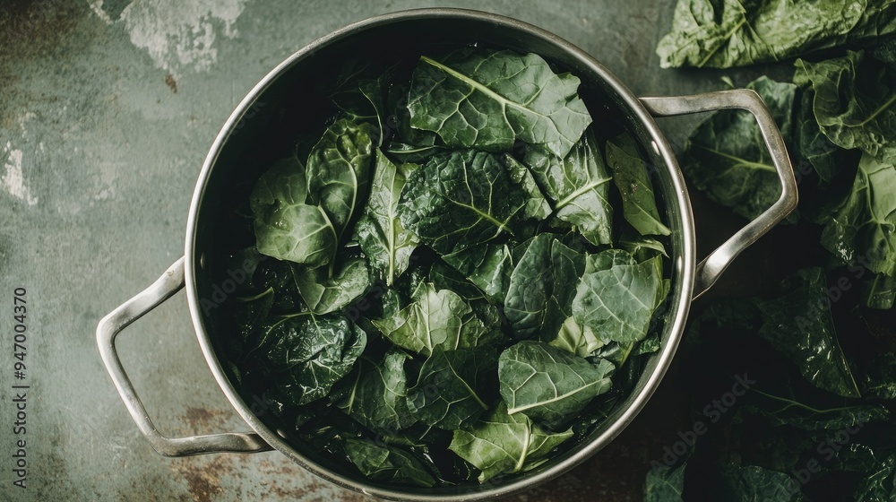 Flat lay of collard greens being slowly cooked in a pot, rich in nutrients and dark green in color, emphasizing their importance in Southern culinary traditions, Flat lay of collard greens being slowly cooked in a pot, rich in nutrients and dark green in color, emphasizing their importance in Southern culinary traditions,