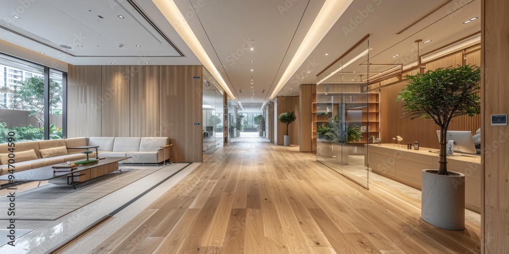 Obraz premium Modern and Elegant Office Lobby with Wooden Flooring, Cozy Seating Area, and Natural Indoor Plants Creating a Welcoming Atmosphere for Visitors and Employees