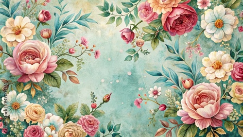 Whimsical vintage-inspired illustration featuring delicate floral patterns, distressed edges, and soft watercolor hues, evoking a nostalgic charm and romantic elegance.