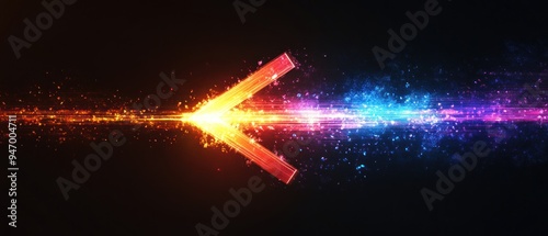 A colorful arrow made of glowing light beams, pointing left at the center on a black background.