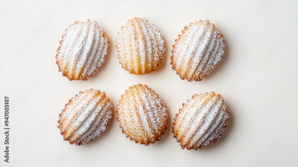 French madeleine cookies, perfectly shaped and powdered with icing sugar, shown from above on a pristine white background. French madeleine cookies, perfectly shaped and powdered with icing sugar, shown from above on a pristine white background.