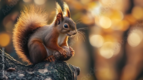 Red Squirrel Holding Nut on Tree Branch in Autumn Forest