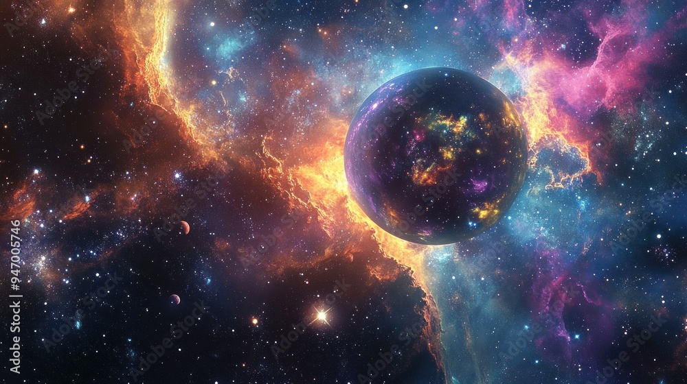 Obraz premium A Celestial Body Amidst Glowing Nebulae and Stars