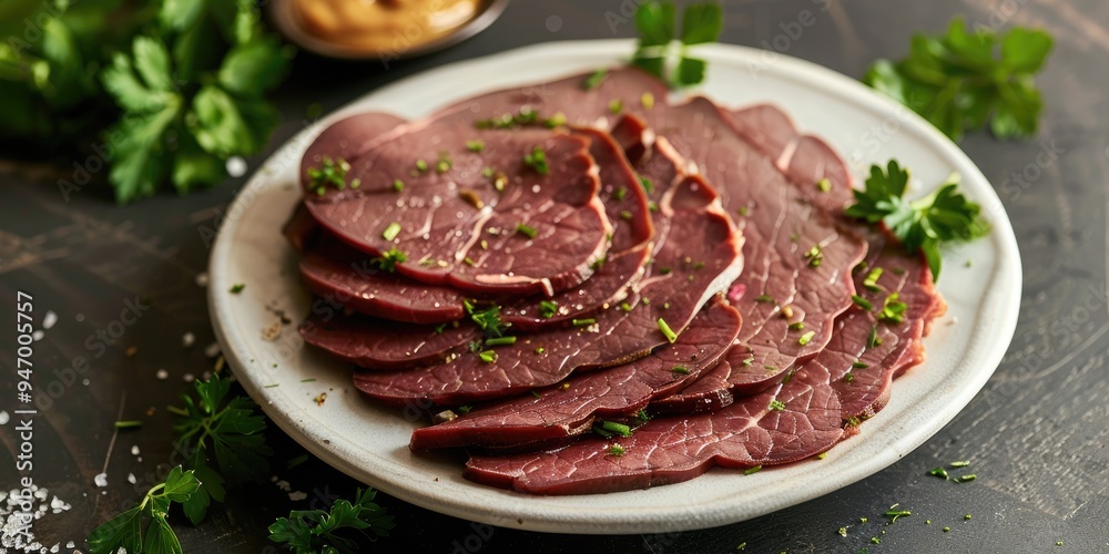 Slices of boiled beef tongue with mustard on a white plate Slices of boiled beef tongue with mustard on a white plate