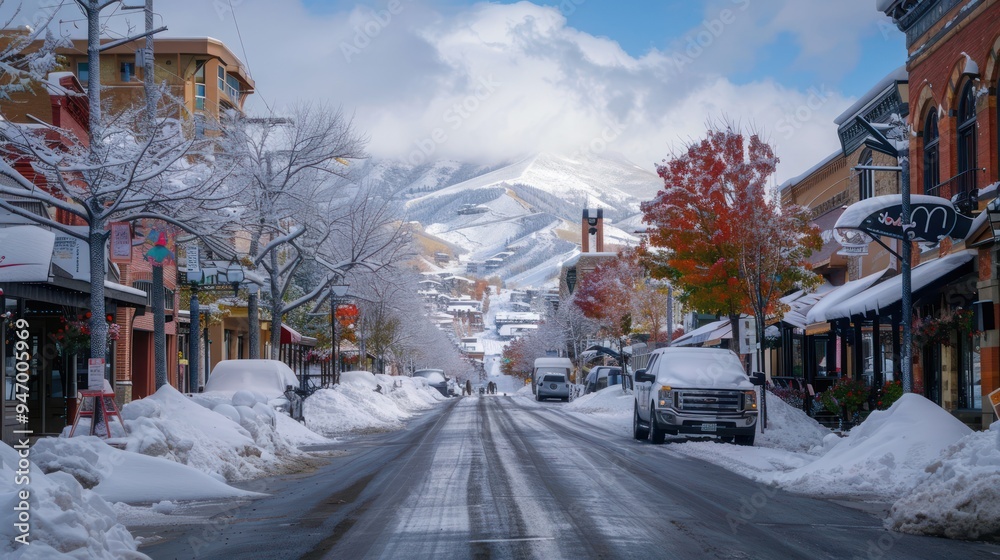 Naklejka premium Snowy Street in a Mountain Town