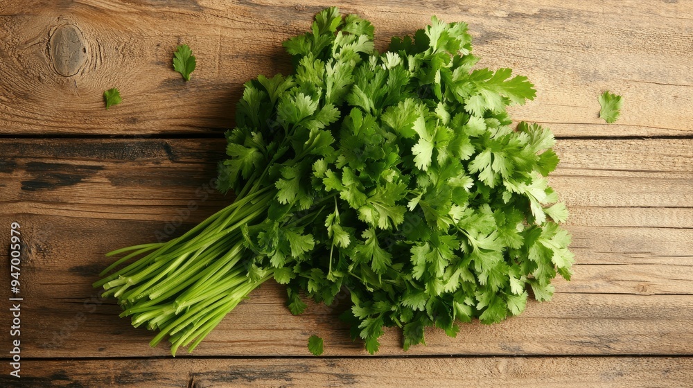 Fresh coriander leaves in a bunch, placed on a wooden table, captured from a top-down perspective. Fresh coriander leaves in a bunch, placed on a wooden table, captured from a top-down perspective.