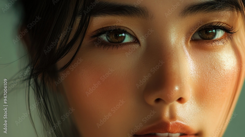 Close-up of a Woman's Face with Dewy Skin and Brown Eyes Close-up of a Woman's Face with Dewy Skin and Brown Eyes