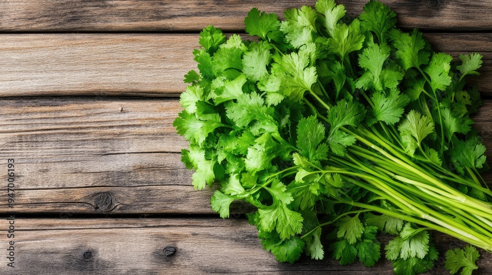 Fresh coriander leaves in a bunch, spread across a wooden table, captured from a top-down perspective. Fresh coriander leaves in a bunch, spread across a wooden table, captured from a top-down perspective.