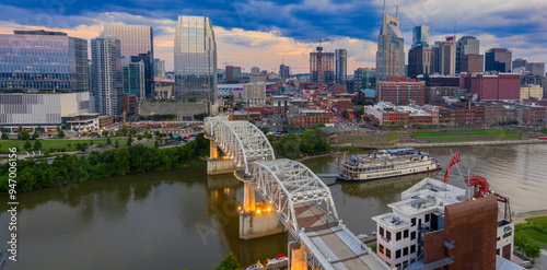 Steamboat, bridge and downtown riverfront of Nashville, Tennessee, United States. photo