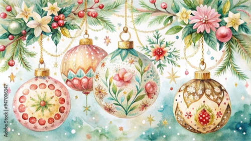Whimsical watercolor illustration of vintage ornaments, adorned with intricate floral patterns, delicate lace, and subtle sparkle, evoking a sense of nostalgic elegance.