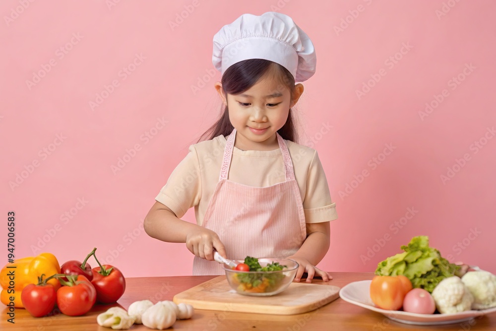 Young Asian girl preparing a meal with a focus on fresh ingredients Young Asian girl preparing a meal with a focus on fresh ingredients