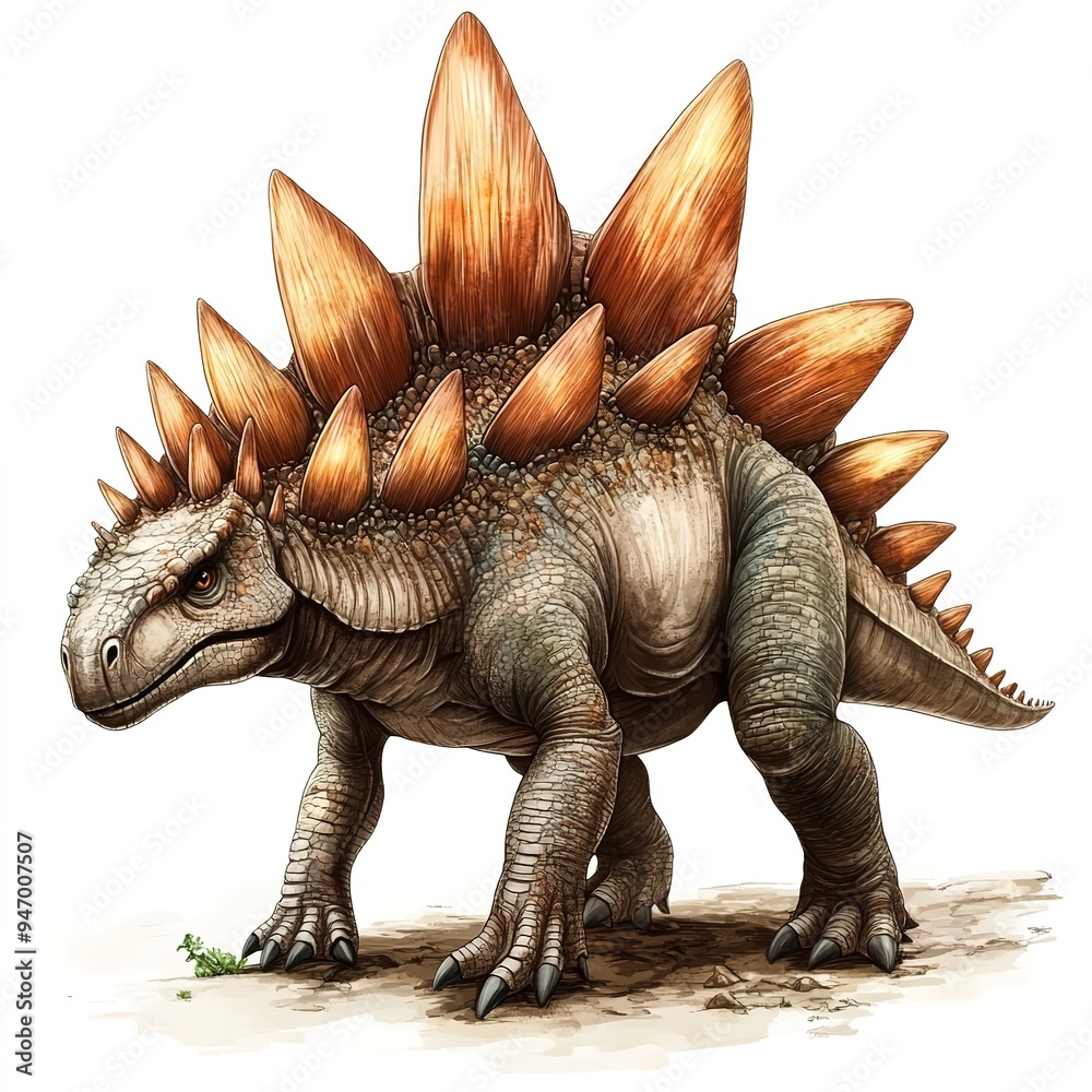 Fototapeta premium Realistic illustration of a Stegosaurus dinosaur with distinctive plates, isolated on a white background.