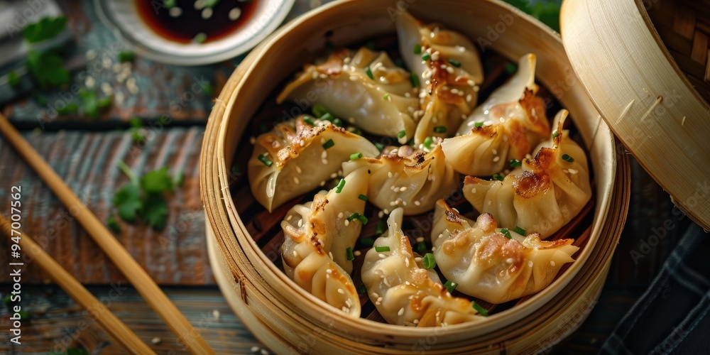 Top view of steamed shrimp dumplings with soy sauce gyoza or dim sum Top view of steamed shrimp dumplings with soy sauce gyoza or dim sum