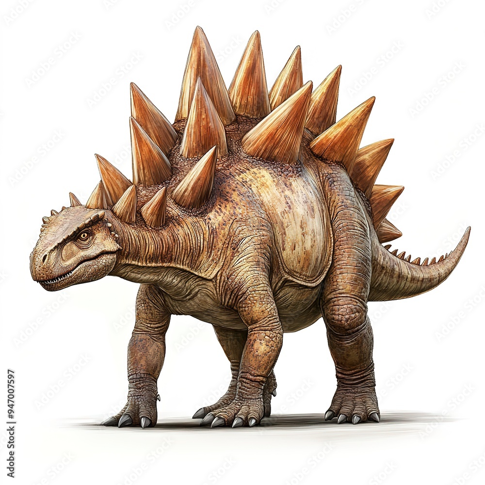 Fototapeta premium Realistic illustration of a Stegosaurus dinosaur with distinctive plates, isolated on a white background.