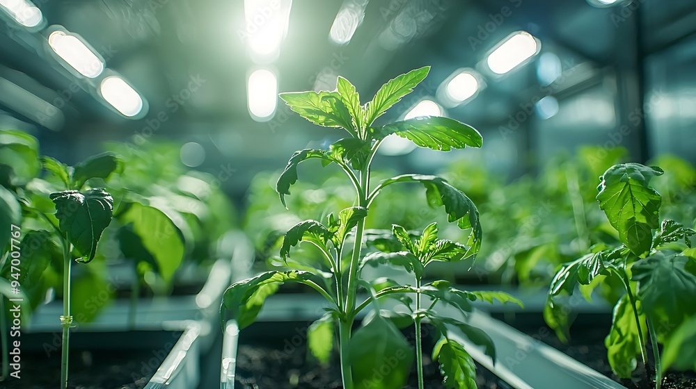 Green tomato seedlings grow under artificial light in a greenhouse, each sprout reaching upwards with promise and potential. Green tomato seedlings grow under artificial light in a greenhouse, each sprout reaching upwards with promise and potential.