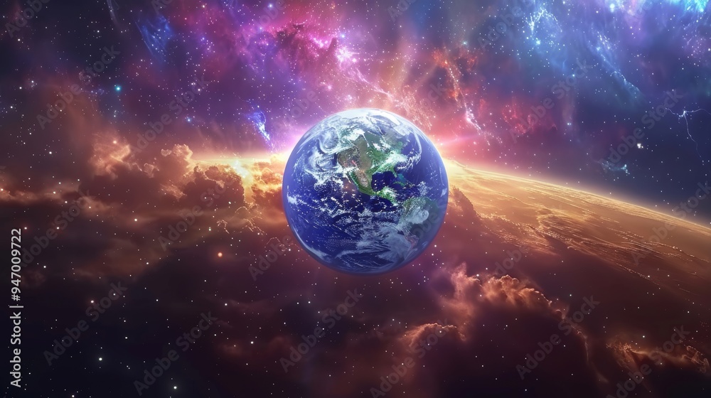 Obraz premium The image shows the planet Earth in the middle of a colorful nebula with stars in space. The image is suitable for use as a background for websites, presentations, or social media posts.