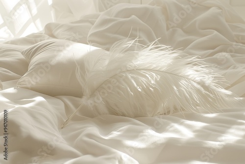 The feather is soft and fluffy, and the pillow is smooth and inviting. The image is taken in a soft, natural light, and the overall effect is one of peace and tranquility.