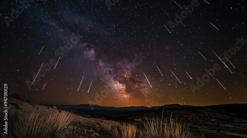 Night Sky with Milky Way and Shooting Stars Over Mountains photo