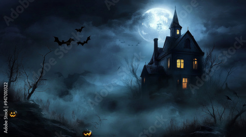 A haunted house hidden in eerie mist, with bats soaring through the moonlit sky.