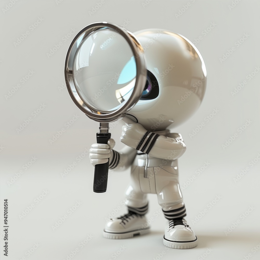 This image shows a small character standing on a white surface. The robot is looking through a magnifying glass with a thoughtful expression on its face. It is wearing a white jumpsuit and sneakers. This image shows a small character standing on a white surface. The robot is looking through a magnifying glass with a thoughtful expression on its face. It is wearing a white jumpsuit and sneakers.