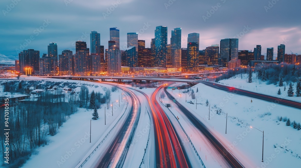Fototapeta premium Winter twilight view of a bustling city skyline with snowy foreground and illuminated highways during dusk