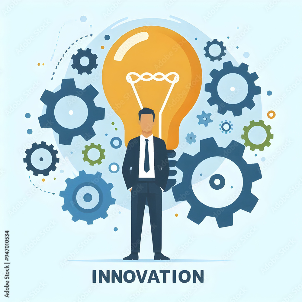 Innovation Concept: Light Bulb and Gears in Operational Management - Flat Abstract Vector Design with Smart Business Tone on White Background Innovation Concept: Light Bulb and Gears in Operational Management - Flat Abstract Vector Design with Smart Business Tone on White Background