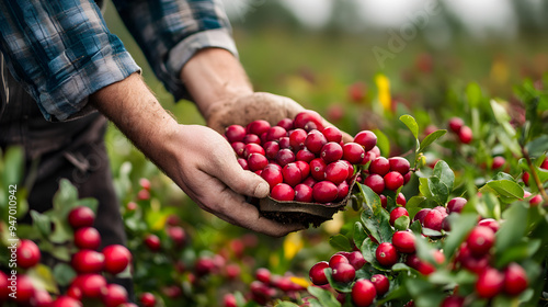 Hands Gathering Fresh Red Berries from Plants in Picturesque Countryside Field