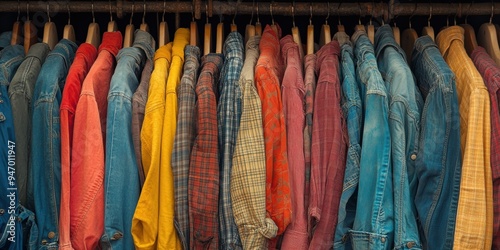 A vibrant and diverse collection of colorful, vintage denim and flannel shirts neatly hung on wooden hangers in a closet, showcasing various styles and patterns