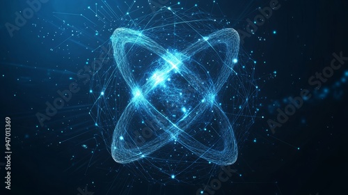 Abstract atom cosmic icon or symbol. Nuclear science concept on technology blue background. Atom or molecule with light orbits and bright sparkles in blue polygonal style. Digital vector illustration.