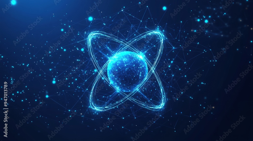 Abstract atom cosmic icon or symbol. Nuclear science concept on technology blue background. Atom or molecule with light orbits and bright sparkles in blue polygonal style. Digital vector illustration. Abstract atom cosmic icon or symbol. Nuclear science concept on technology blue background. Atom or molecule with light orbits and bright sparkles in blue polygonal style. Digital vector illustration.