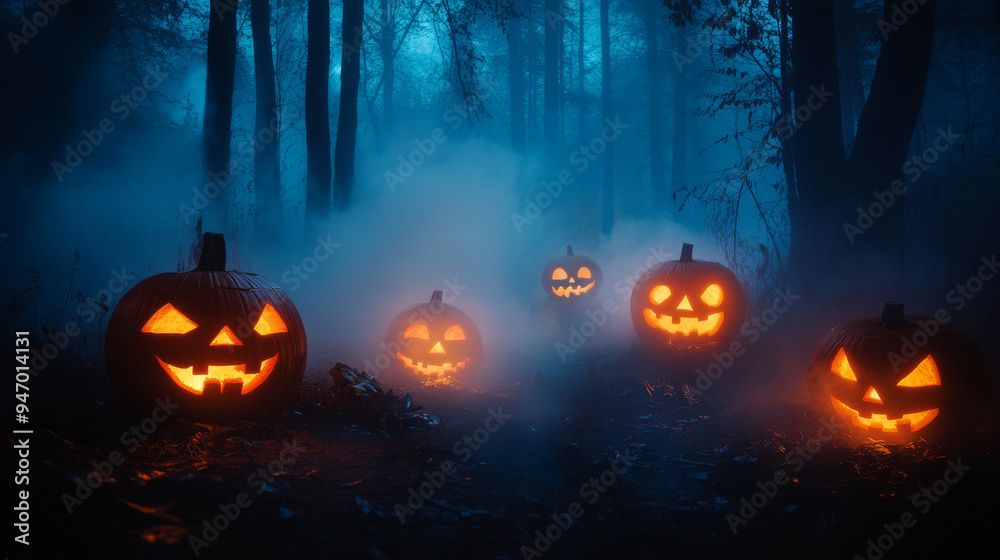 A Halloween scene with glowing jack-o'-lanterns eerily visible through thick fog, with dark trees adding to the sinister mood. A Halloween scene with glowing jack-o'-lanterns eerily visible through thick fog, with dark trees adding to the sinister mood.