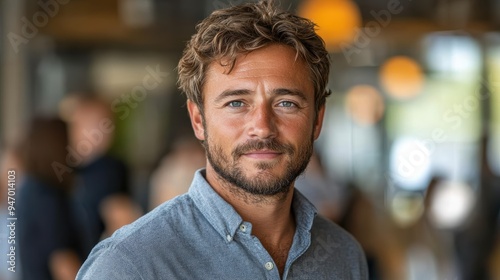 A man with a neatly trimmed beard and tousled hair, wearing a casual grey shirt, standing in a brightly lit indoor setting with blurred background elements displaying slight motion