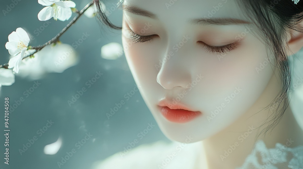 Close-up Portrait of a Woman with Eyes Closed and Cherry Blossoms in the Background Close-up Portrait of a Woman with Eyes Closed and Cherry Blossoms in the Background