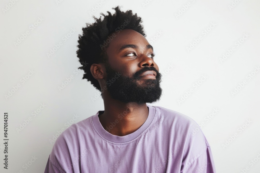 A person with facial hair and a purple top, suitable for illustrations or character designs A person with facial hair and a purple top, suitable for illustrations or character designs