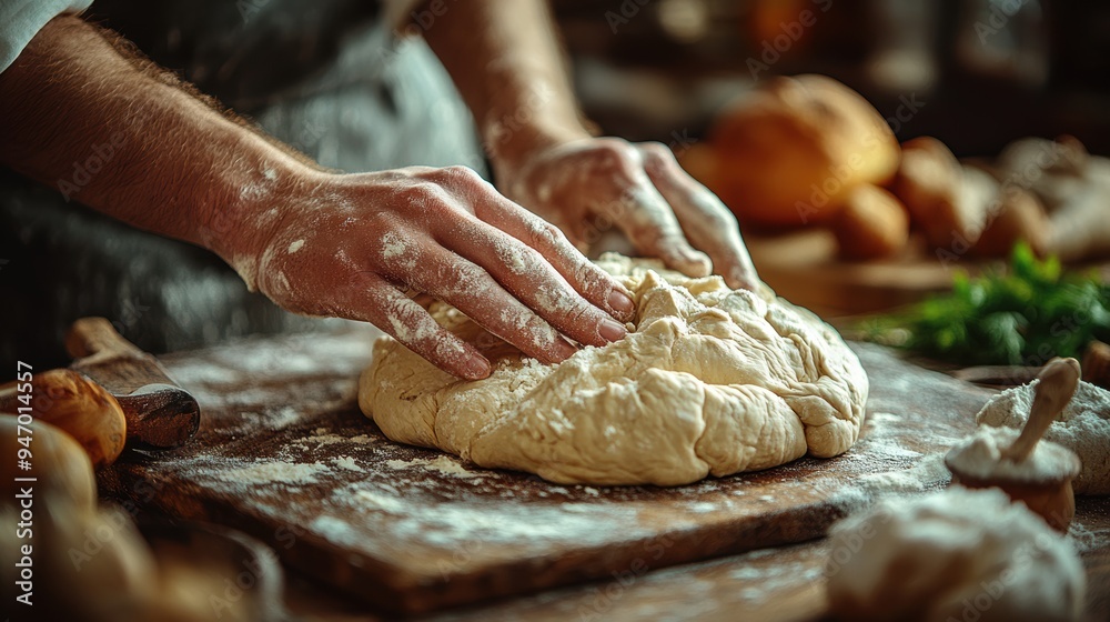 Flour-dusted hands knead dough on a rustic wooden table, surrounded by fresh bread and herbs, capturing the essence of artisanal baking. Flour-dusted hands knead dough on a rustic wooden table, surrounded by fresh bread and herbs, capturing the essence of artisanal baking.