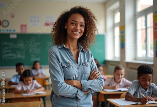 Happy black African American teacher smiling in classroom on World Teachers' Day