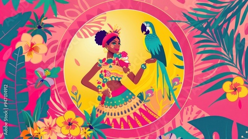 Wallpaper Mural Tropical Woman with Parrot and Floral Pattern. Torontodigital.ca